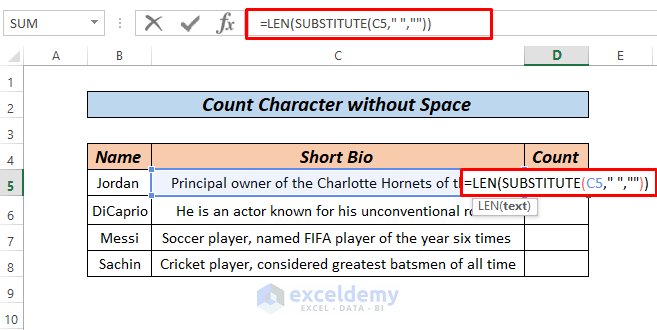 How To Count Characters In Cell Without Spaces In Excel 4 Methods 