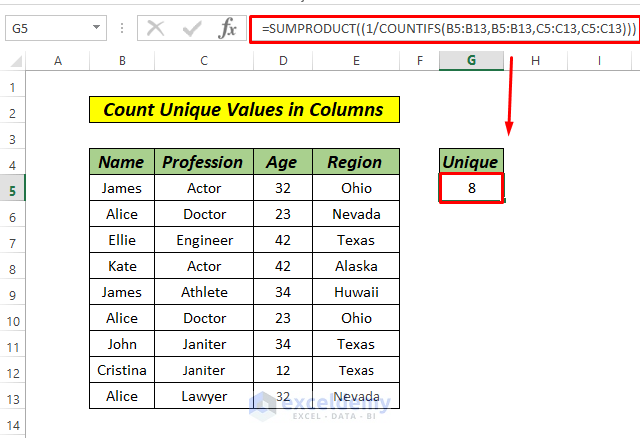 How To Count Unique Values In Multiple Columns In Excel 5 Ways 