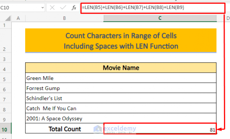 how-to-count-characters-in-cell-including-spaces-in-excel-5-methods