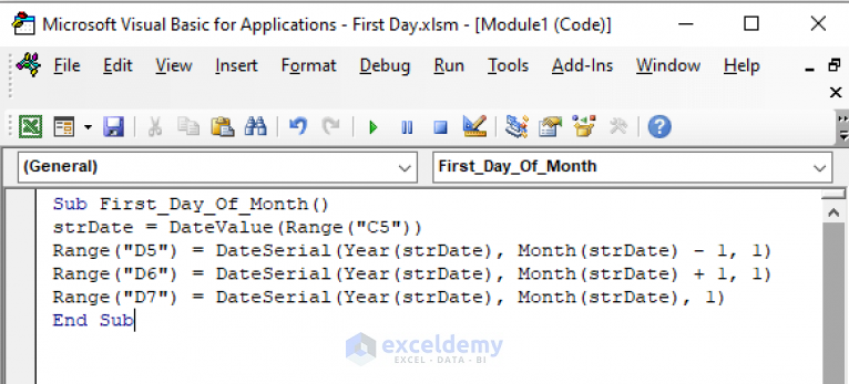 Excel VBA: First Day of Month (3 Methods) - ExcelDemy