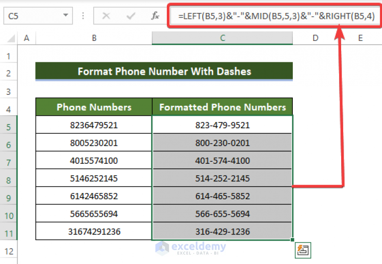 How To Format Phone Number With Dashes In Excel 2 Ways 