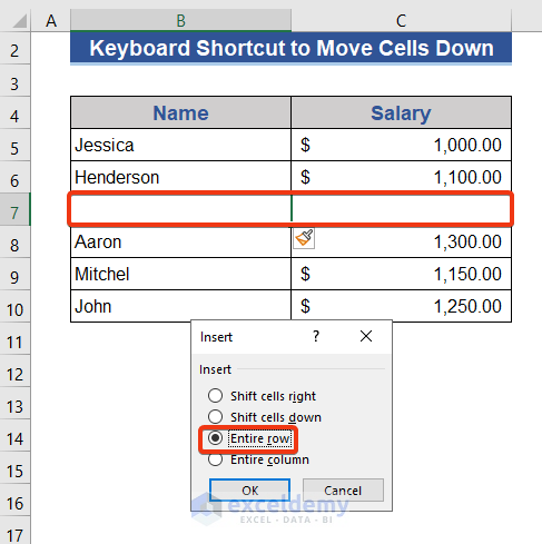 excel shift cells down hotkey