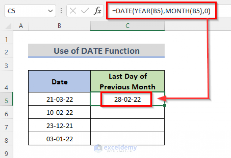 excel formula last day of the previous month