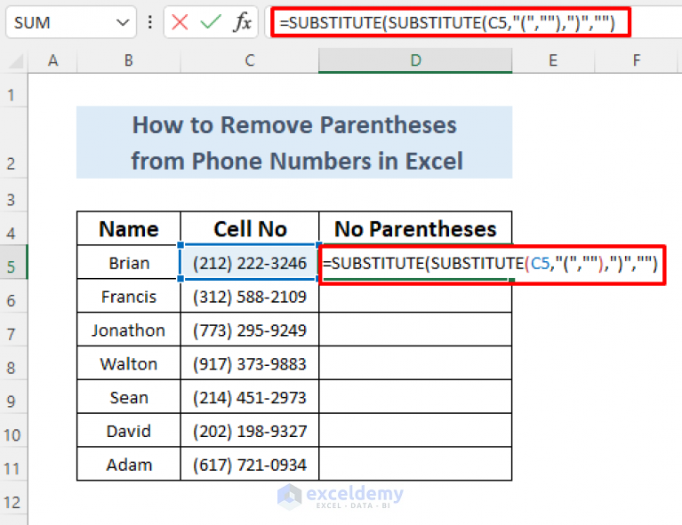 how-to-remove-parentheses-from-phone-numbers-in-excel-5-methods