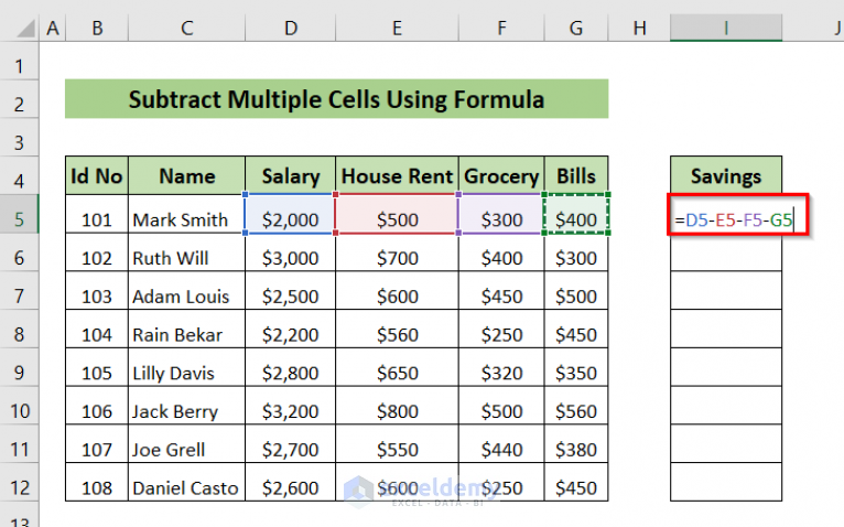 formula for subtracting cells in excel