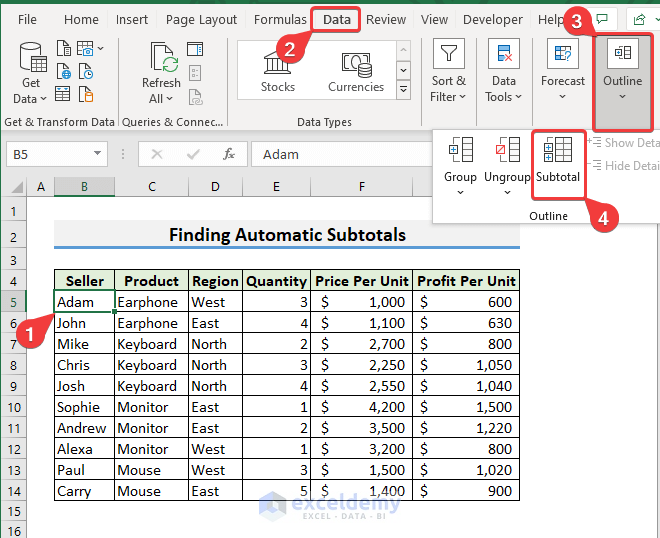 How to Add Subtotals in Excel (7 Easy Ways) - ExcelDemy