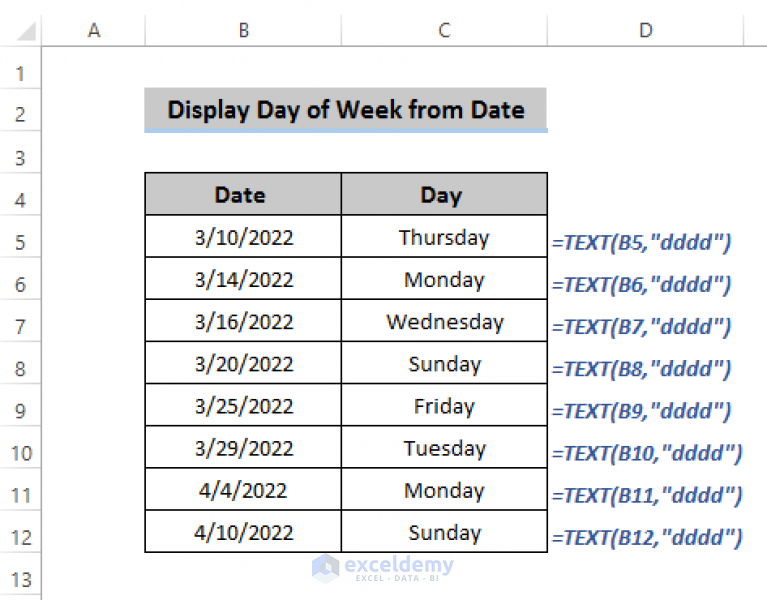 How To Display Day Of The Week Based On Date In Excel