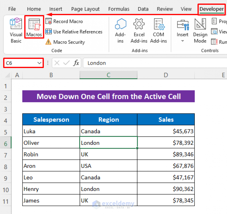 How To Move Down One Cell In Vba