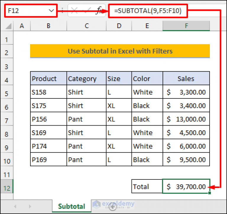 How to Use SUBTOTAL in Excel with Filters (With Quick Steps)