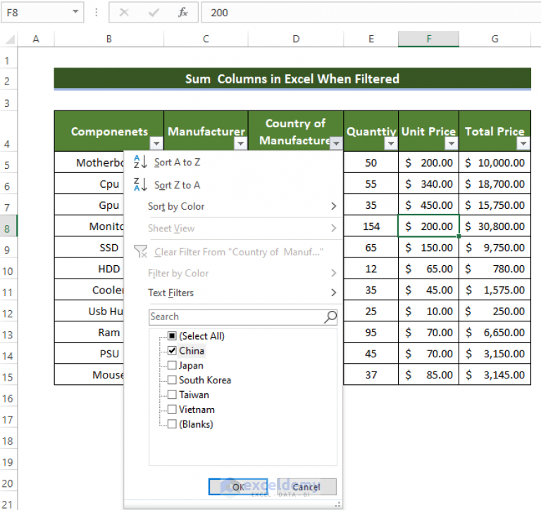 How To Sum Columns In Excel When Filtered 7 Ways Exceldemy 7905