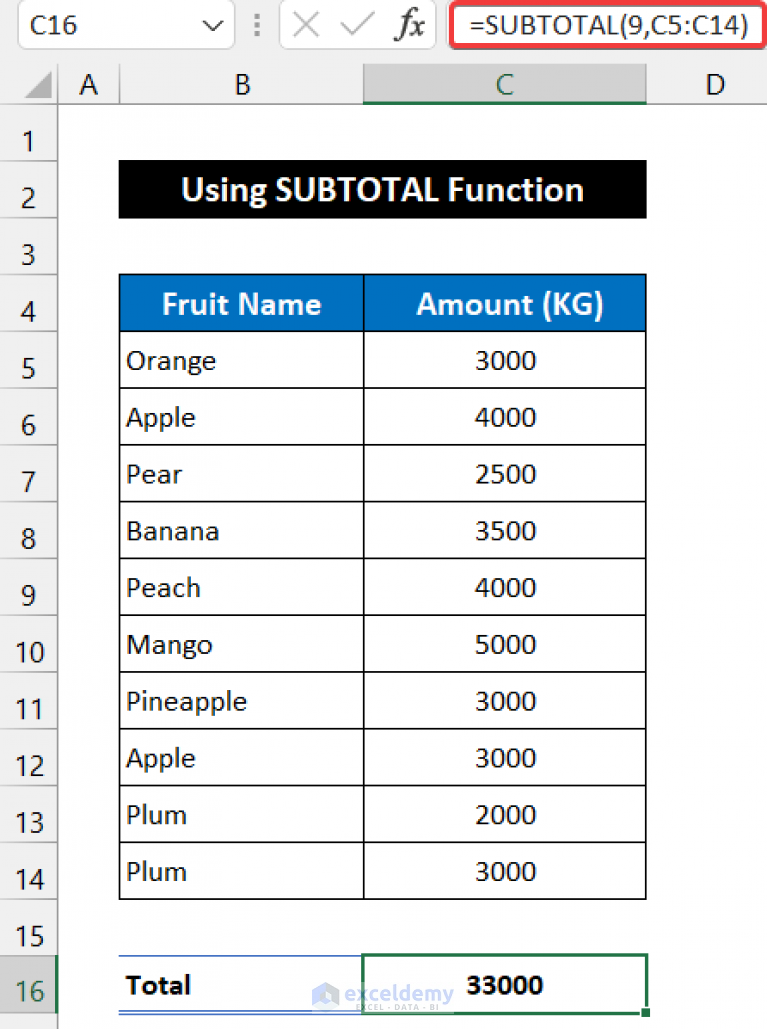 get-the-sum-of-filtered-data-in-excel-using-subtotal-formula-youtube