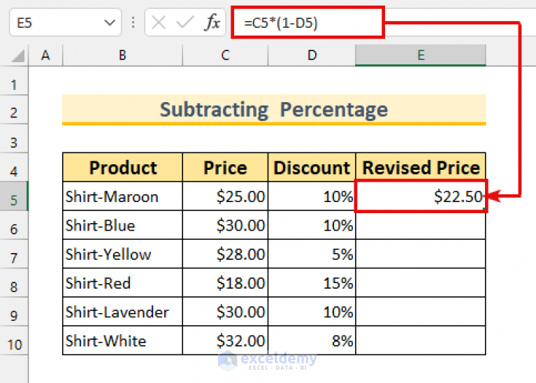 formula for subtracting percentages in excel