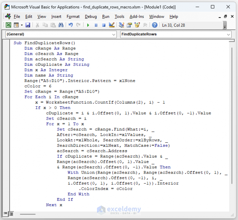 how-to-use-vba-code-to-find-duplicate-rows-in-excel-3-methods