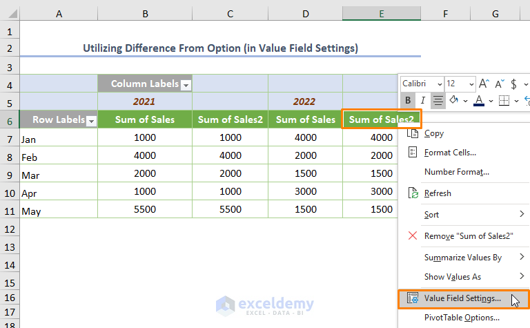 How To Show Difference Between Two Columns In Pivot Table 