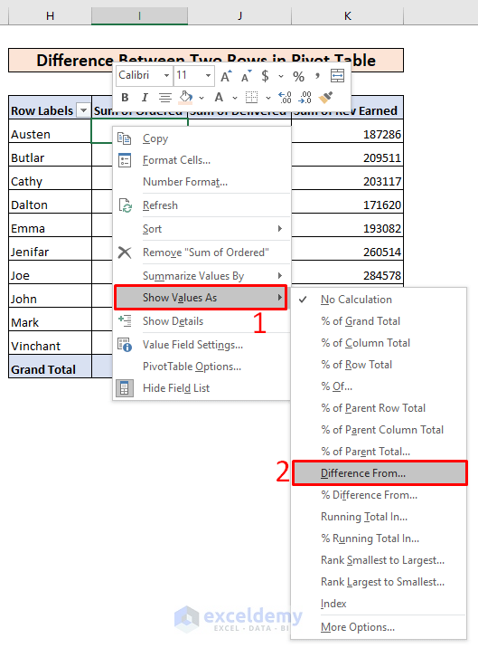 Calculate Difference Between Two Rows In Pivot Table with Easy Steps 