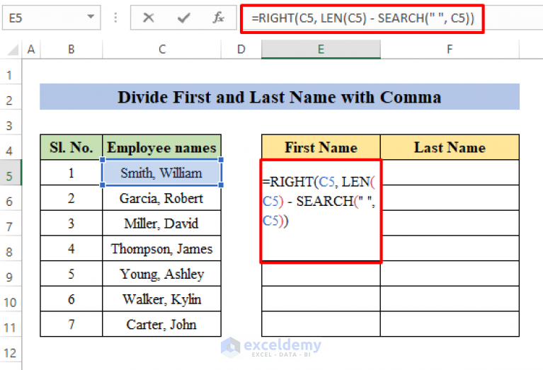 Separate First and Last Name with Space Using Excel Formula (3 Ways)