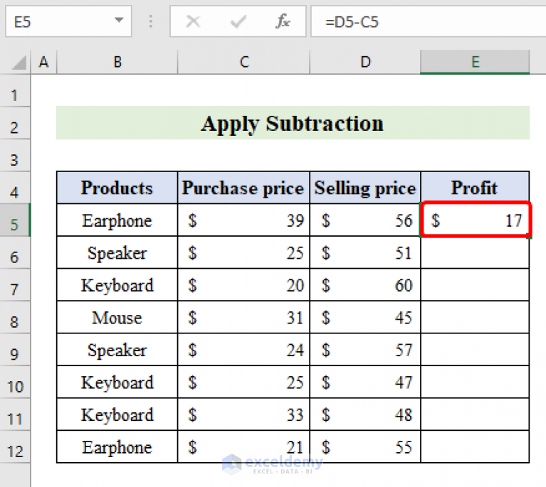 How To Subtract Two Columns In Excel 5 Easy Methods ExcelDemy