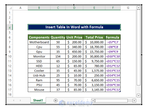 How To Insert Excel Table Into Word With Formulas