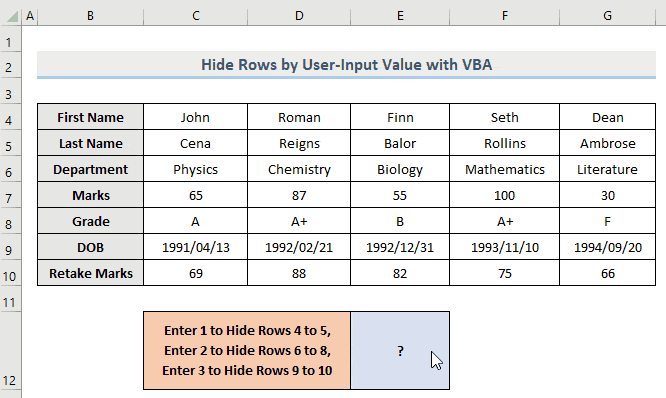 Result of VBA to Hide Rows Based on User Input Cell Value in Excel