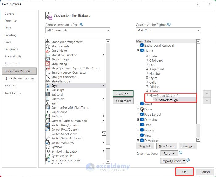 Add Strikethrough in Excel Toolbar from Excel Options