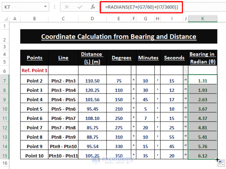 How to Calculate Coordinates from Bearing and Distance in Excel