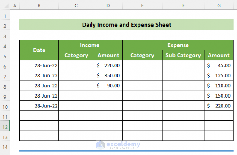 Daily Income and Expense Sheet in Excel (Create with Detailed Steps)