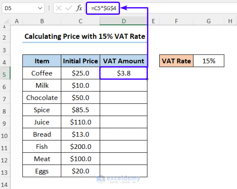 How To Calculate 15 Vat In Excel 2 Useful Methods 1732