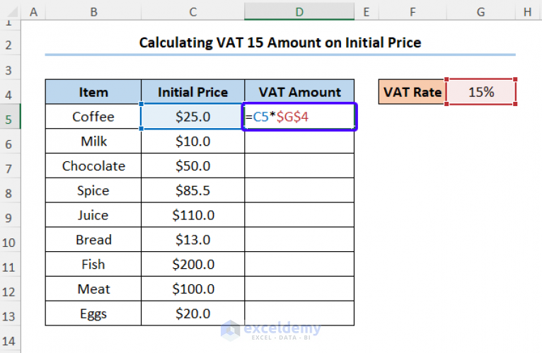 How To Calculate 15 Vat In Excel 2 Useful Methods 3248