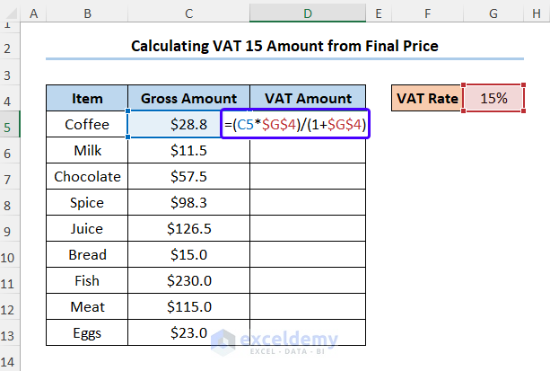 How To Calculate 15 VAT In Excel 2 Useful Methods 