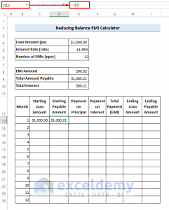 Reducing Balance EMI Calculator in Excel Sheet (Create with Easy Steps)