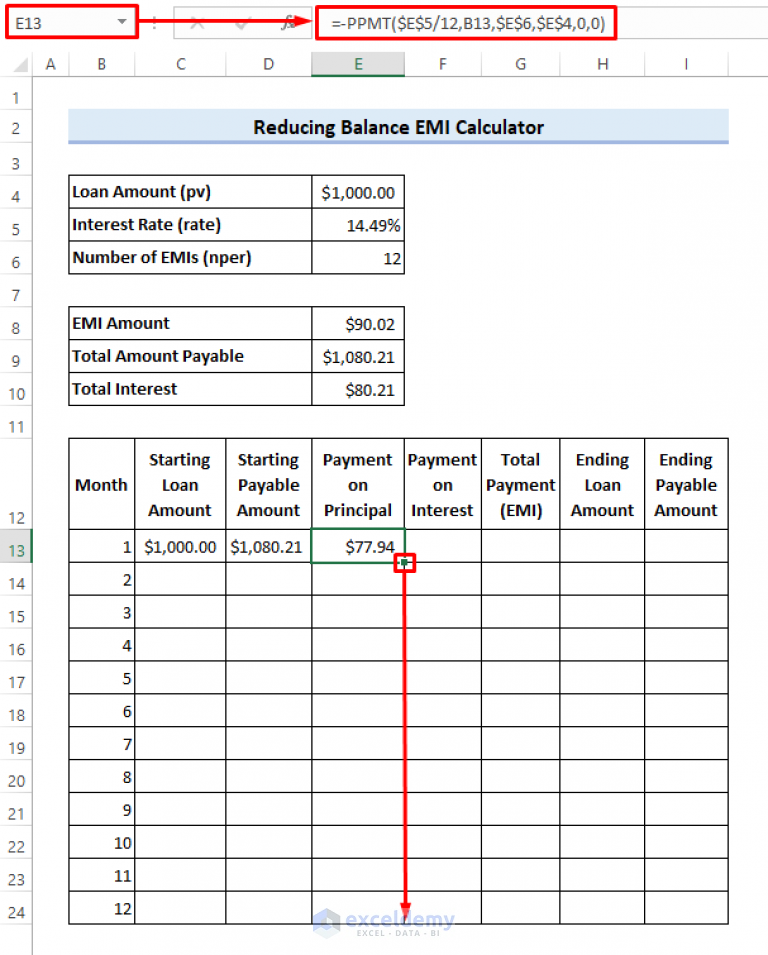 Reducing Balance Emi Calculator In Excel Sheet Create With Easy Steps 8150