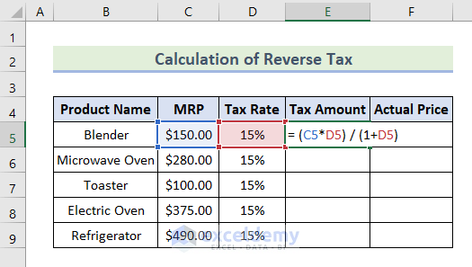 Reverse Tax Calculation Formula In Excel Apply With Easy Steps 