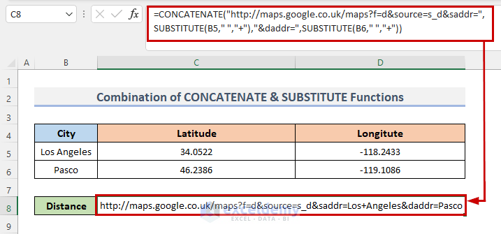 Combine Excel CONCATENATE and SUBSTITUTE Functions to Get Distance Between Two Cities