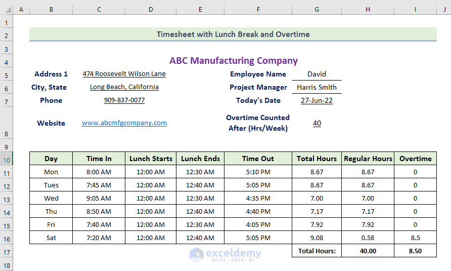 Excel Timesheet Formula With Lunch Break And Overtime Exceldemy