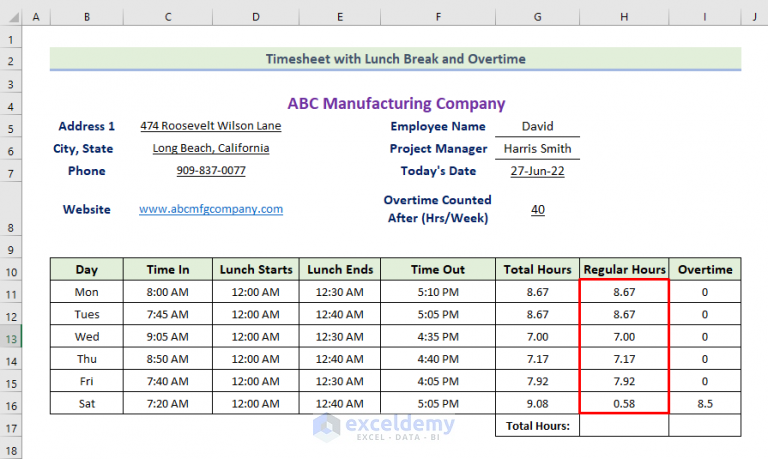 Excel Timesheet Formula with Lunch Break and Overtime - ExcelDemy