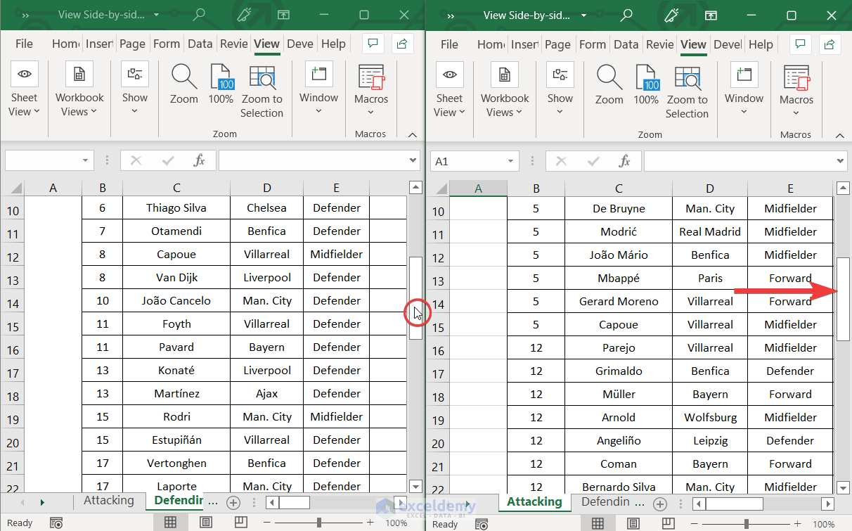 View Side by Side with Vertical Synchronous Scrolling in Excel