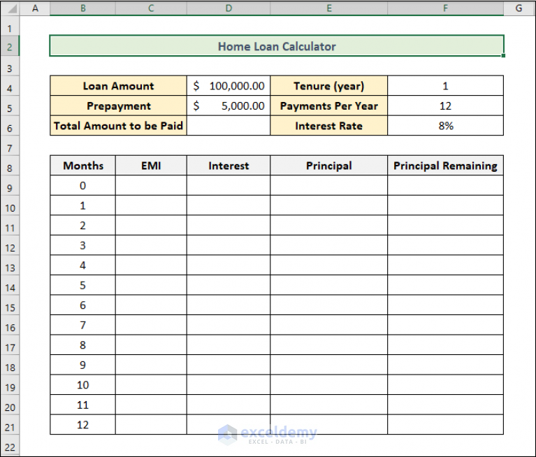 Create Home Loan Calculator in Excel Sheet with Prepayment Option