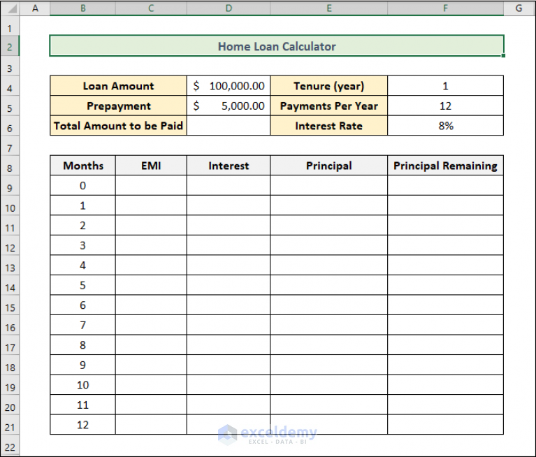 Create Home Loan Calculator In Excel Sheet With Prepayment Option