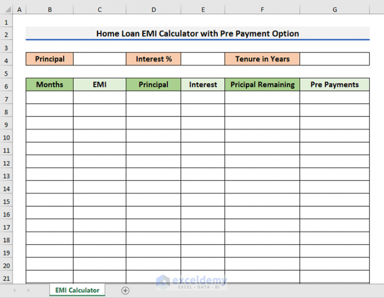 Create Home Loan Emi Calculator In Excel Sheet With Prepayment Option 7188