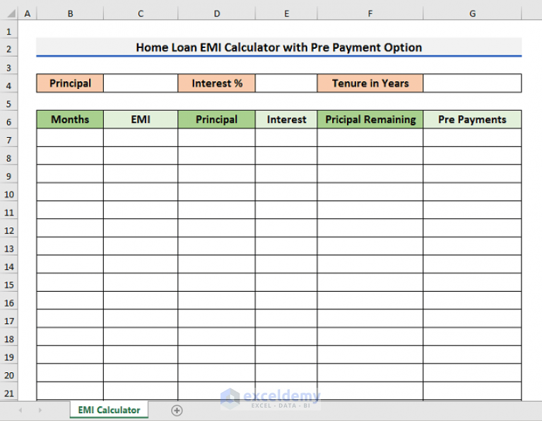 Create Home Loan EMI Calculator in Excel Sheet with Prepayment Option