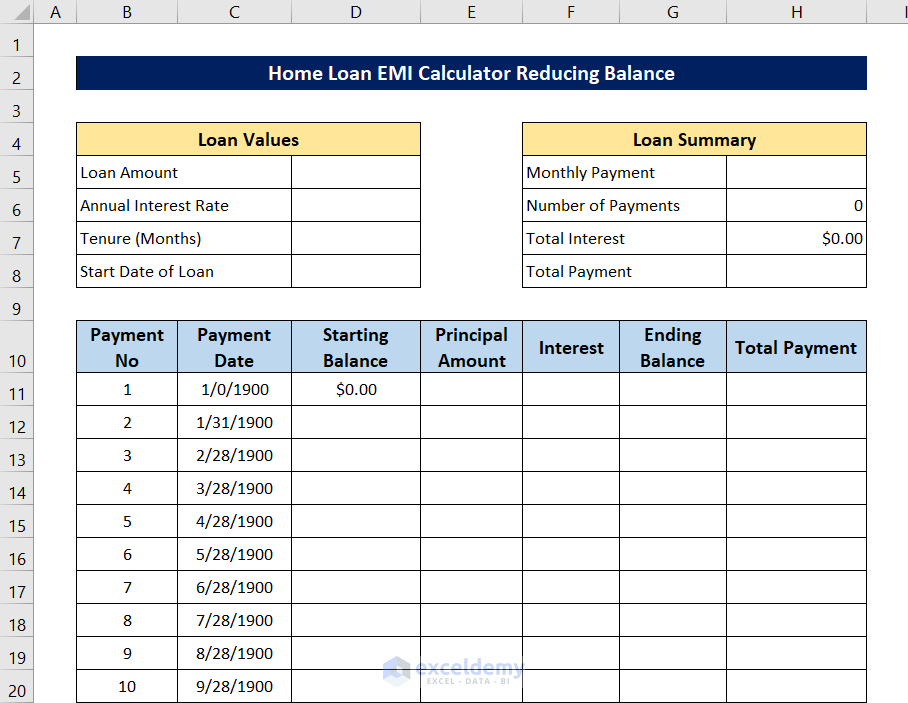 Home Loan EMI Calculator With Reducing Balance In Excel