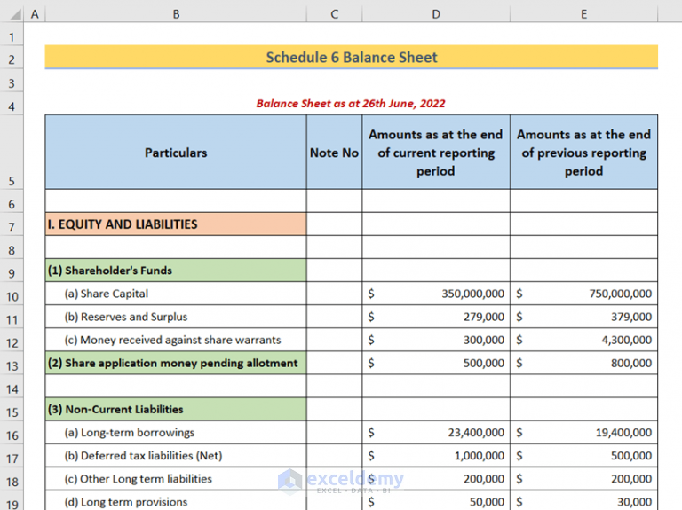 Schedule 6 Balance Sheet Format in Excel ExcelDemy