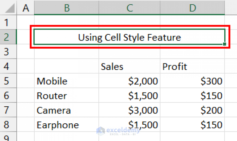 title cell style excel