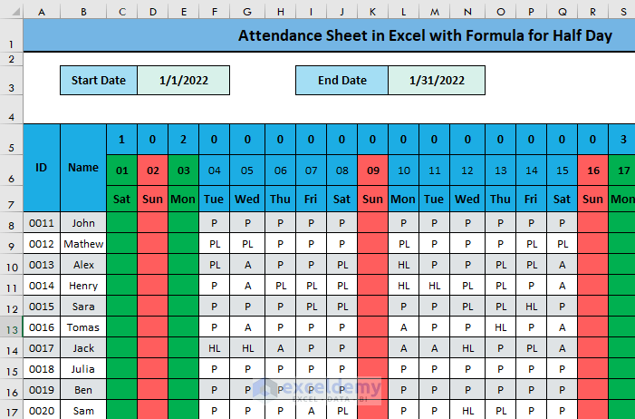  Attendance Sheet In Excel With Formula For Half Day 3 Examples 