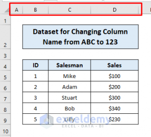 How to Change Column Name from ABC to 1 2 3 in Excel