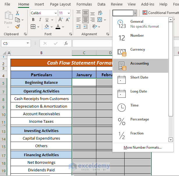 Create Cash Flow Statement Format in Excel