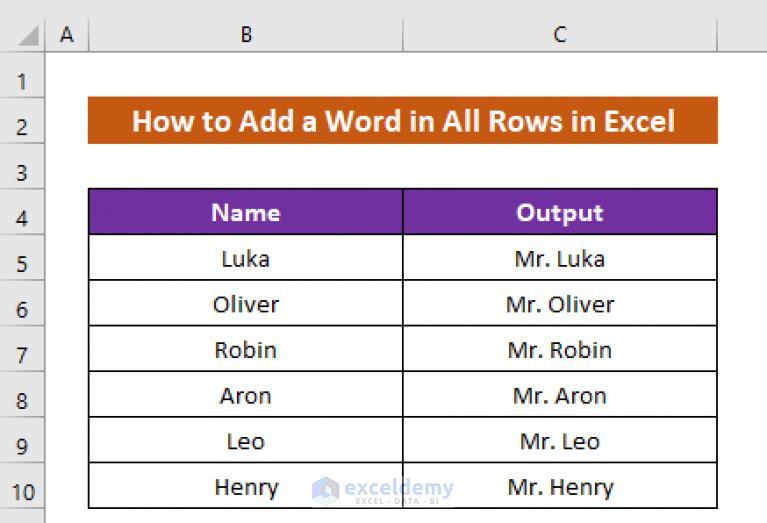 how to add specific word in all cells in excel