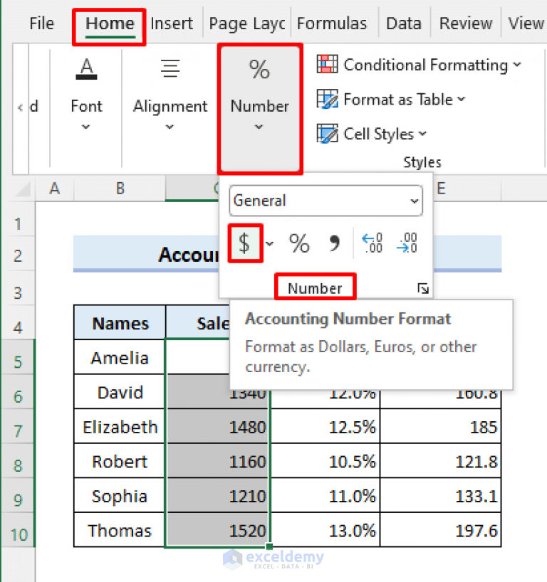 How to Simultaneously Apply Accounting Number Format in Excel