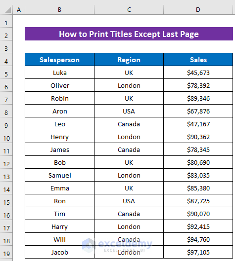 Print Titles In Excel Except Last Page