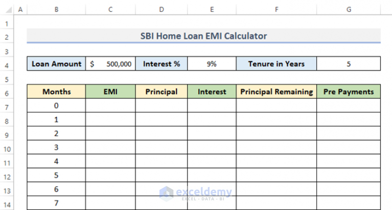 Sbi Home Loan Emi Calculator In Excel Sheet With Prepayment Option 8334